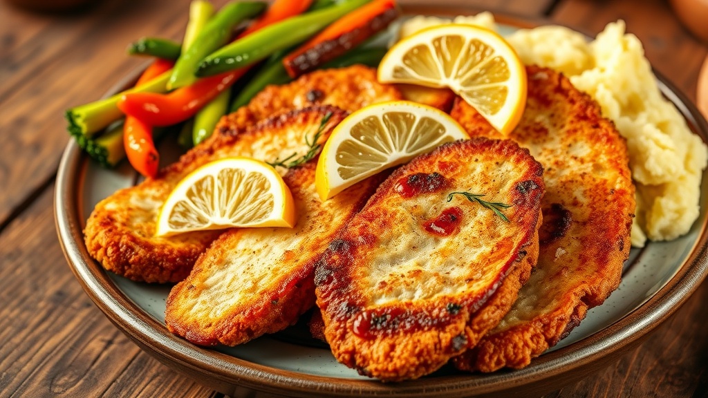 Golden Crispy Pork Cutlets Recipe Golden crispy pork cutlets served with lemon and sides of mashed potatoes and vegetables.